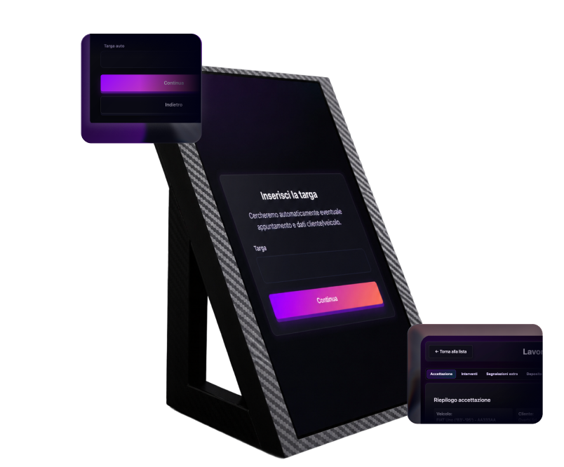 Totem di accettazione Ariaa con schermata di inserimento targa, affiancato da dettagli dell'interfaccia di ricognizione e riepilogo accettazione